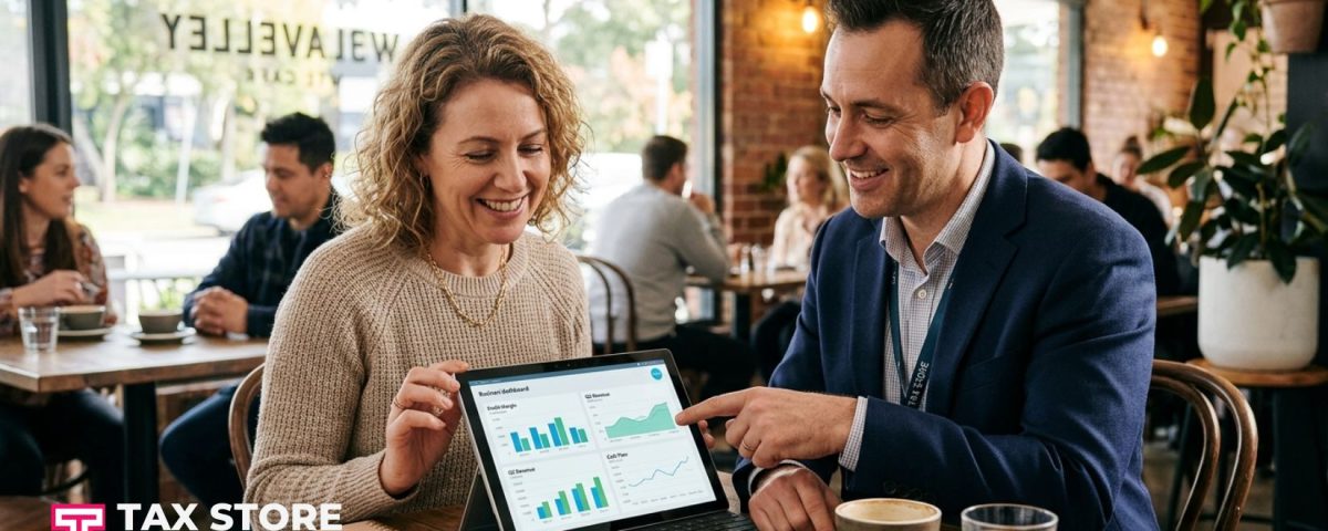 Small business accountant Melbourne reviewing cash flow and tax minimization strategies with a local Monash business owner in Mt Waverley
